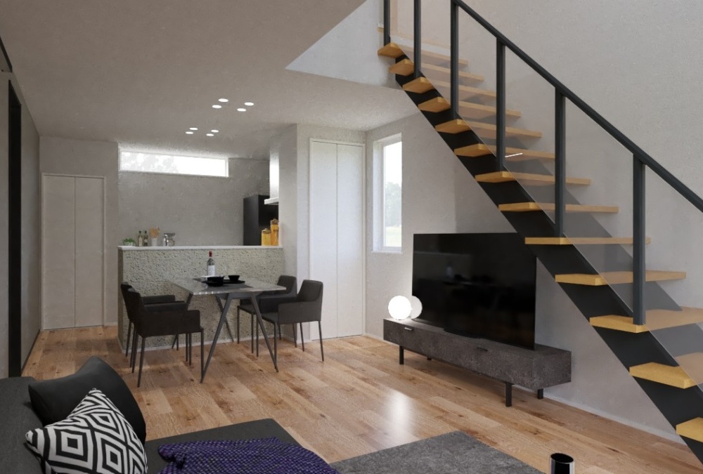 限られた住空間を効果的に広く感じるように、オープン階段を採用しました。視線が抜け、LDK全体に心地よい開放感をもたらし、吹抜からの間接光も遮ることなく空間を照らしてくれます。