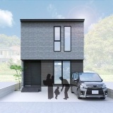 柔らかな質感の大判タイルのモダンさと、木目調の静かな存在感が融合した外観デザインです。