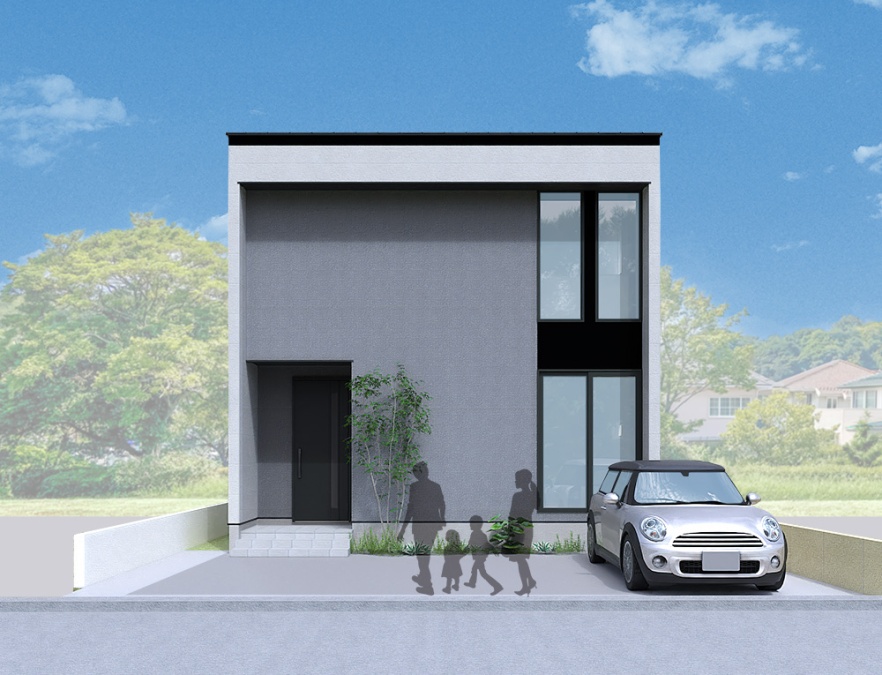 シンプルなグレーの外観に、軒と袖壁がつくる陰影が建物に奥行きをもたらし、街並みに自然と溶け込みながらも印象に残るデザインの住まい。