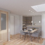キッチン横のスタディコーナーは、お子様が学習する姿を料理をしながら優しく見守れる距離感に。壁の固定棚は、教材などを納める本棚としても利用可能です。ダイニングテーブルが散らからない設計を実現しました。