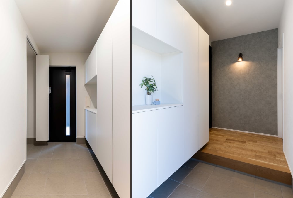 広々とした収納スペースを備えた玄関と玄関ホール。おしゃれな間接照明が温かみを演出します