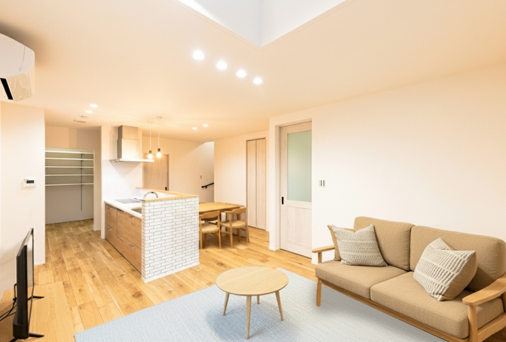 LDKは17.8帖の大空間で、天井高も2.5mのため圧迫感なく過ごせます。東向きの土地のため吹抜から朝日が差し込み、LDKがより明るく帖数以上の開放感を感じられます。