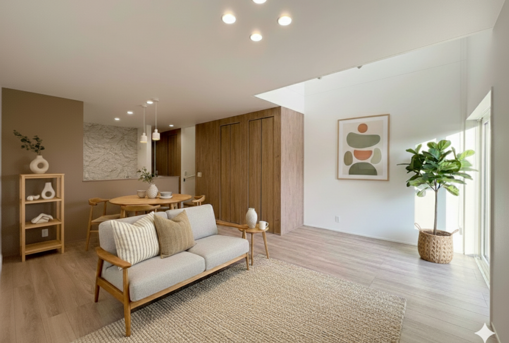 吹抜けから明るい光が差し込む開放的なLDK　※家具や小物はイメージ