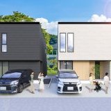 柔らかな質感の大判タイルに、木目調のアクセントが上質な外観デザインです。（B棟：画像右側）